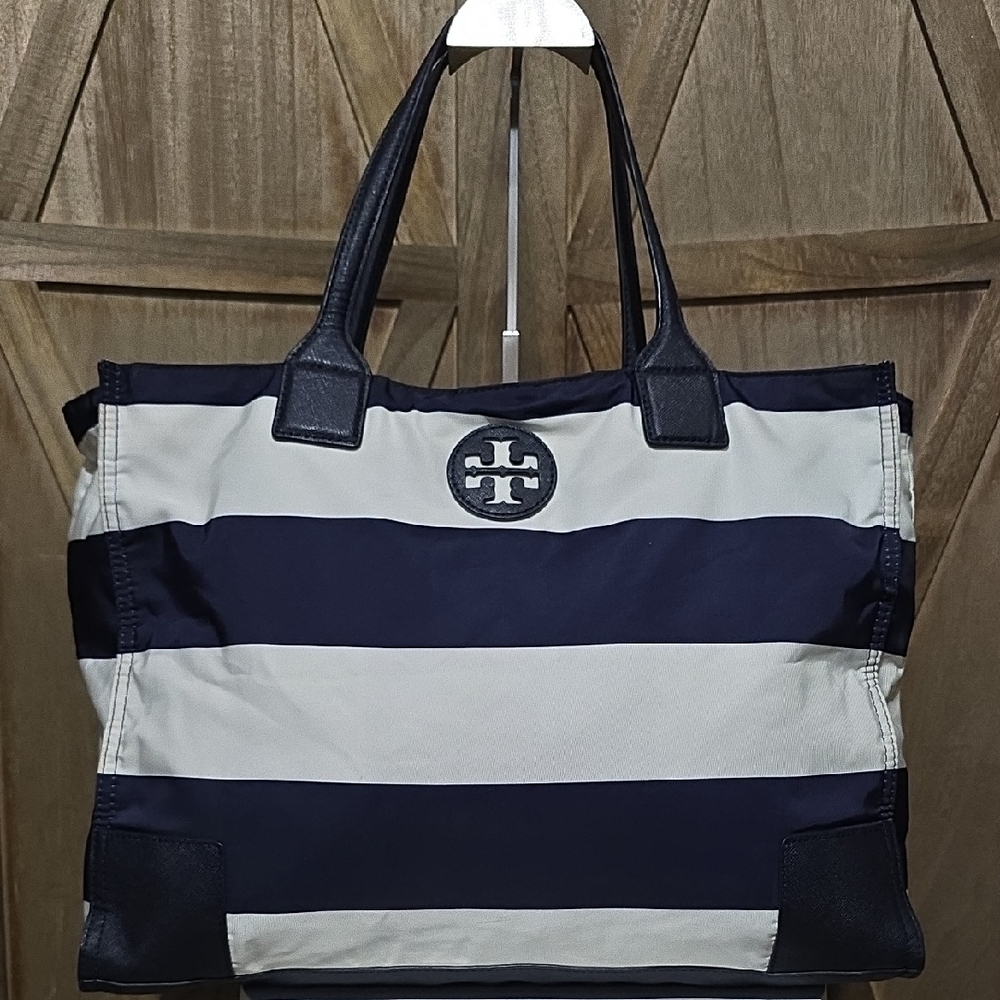 Tory Burch Ella Stripe Navy Blue White Nylon Packable Tote Bag